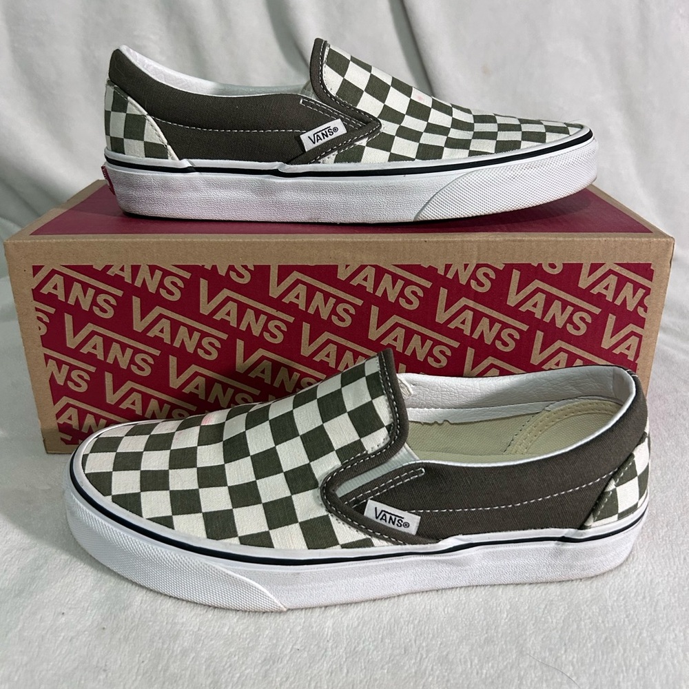 Vans Olive Checkered Slip-Ons